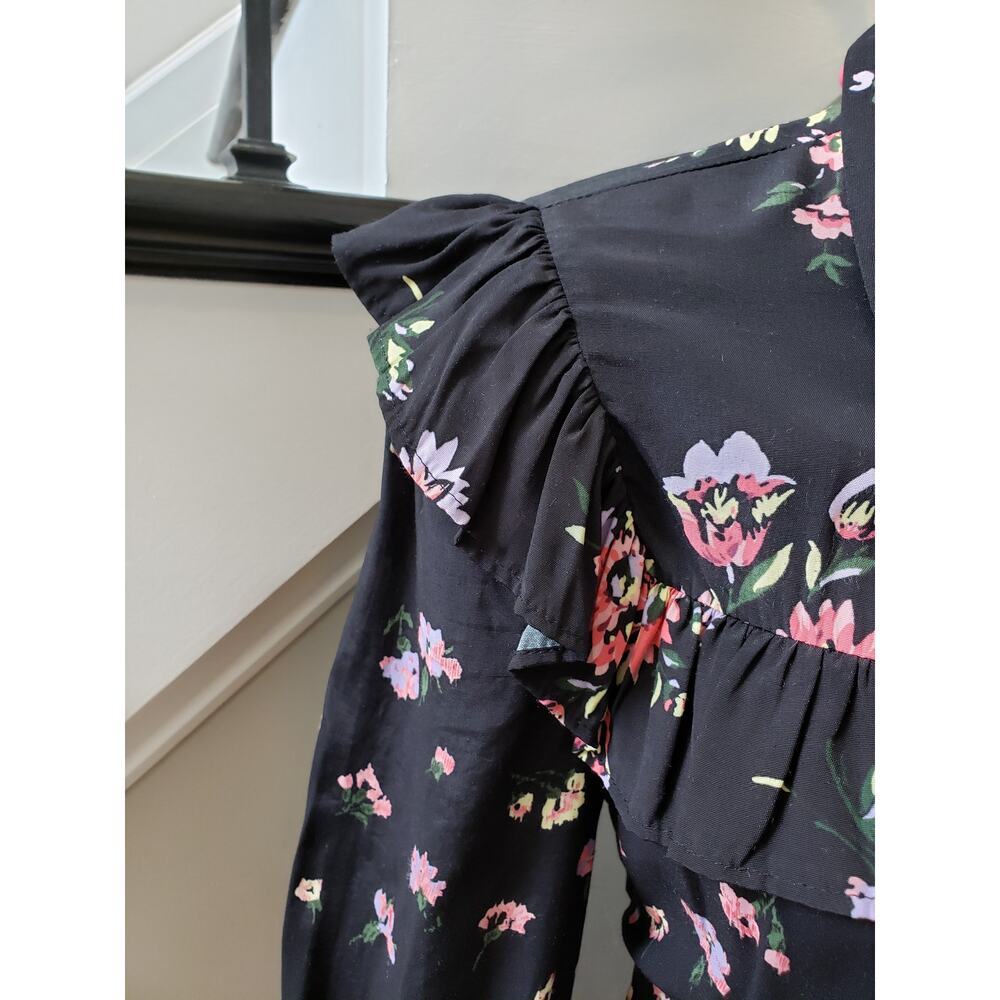 Jill Stuart Shirt Dress Women XS Black Floral Ruffle Pleated Collar Button Front - Picture 10 of 13